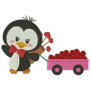 Penguin With Wagon Full Of Hearts Filled Machine Embroidery Design Digitized Pattern